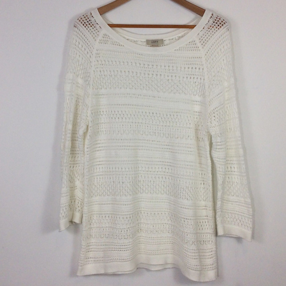 LOFT Sweaters - LOFT Ann Taylor White Cotton Crocheted Sweater XL